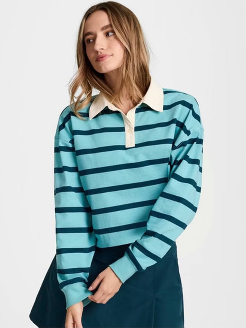 Champion Blue Navy Striped Long Sleeve Polo Rugby Shirt Women’s L